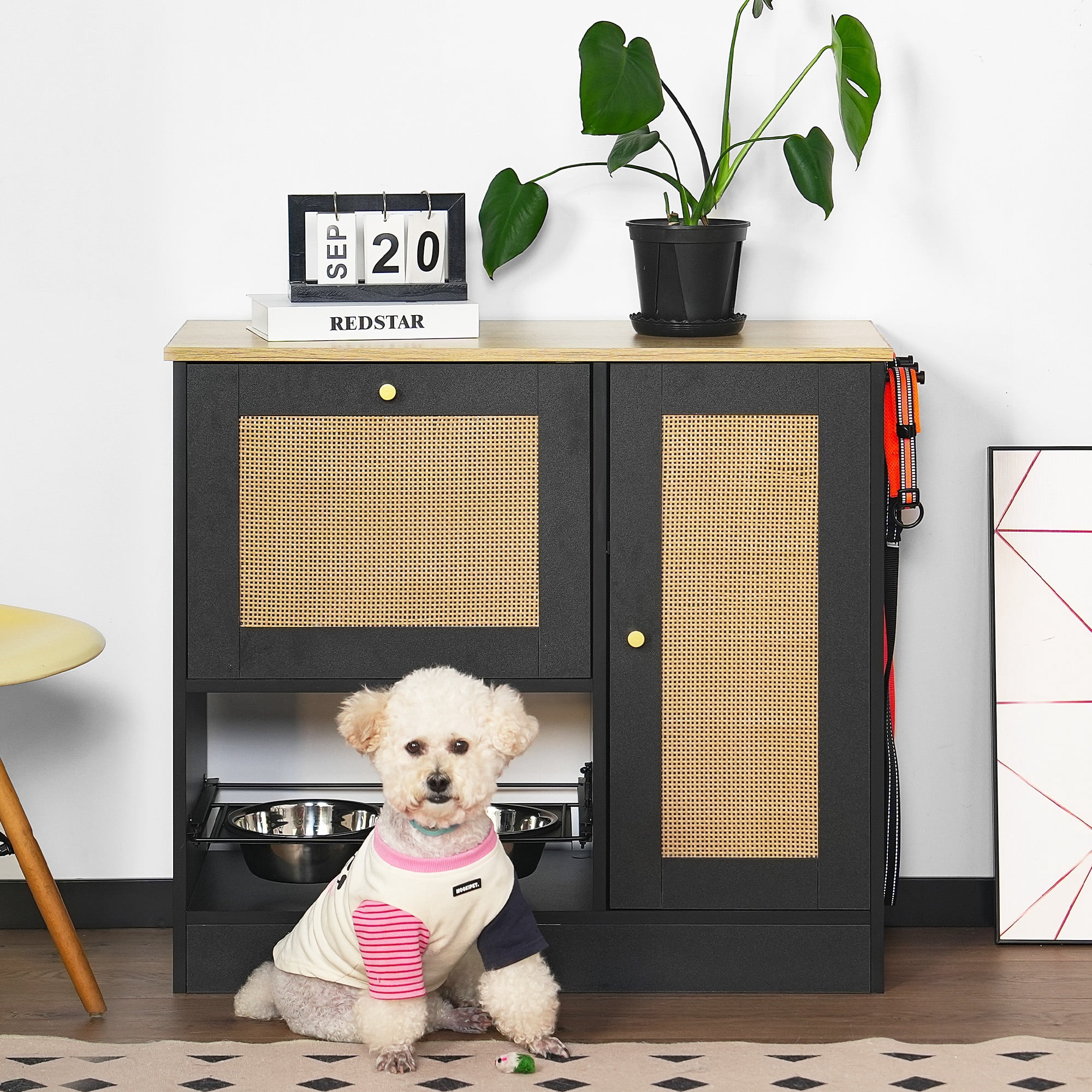 Dog Feeding Station with 2 Storage Lockers and 2 Elevated Dog Bowls, Hidden Pet Feeder Cabinet with Rattan Doors and Side Hooks, Dog Food Storage Organizer, Black