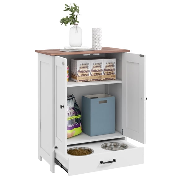 Dog Feeding Station, Dog Food Storage Cabinet with Hidden Dog Bowls, Adjustable Panel, Hooks for Medium Sized Dogs, White