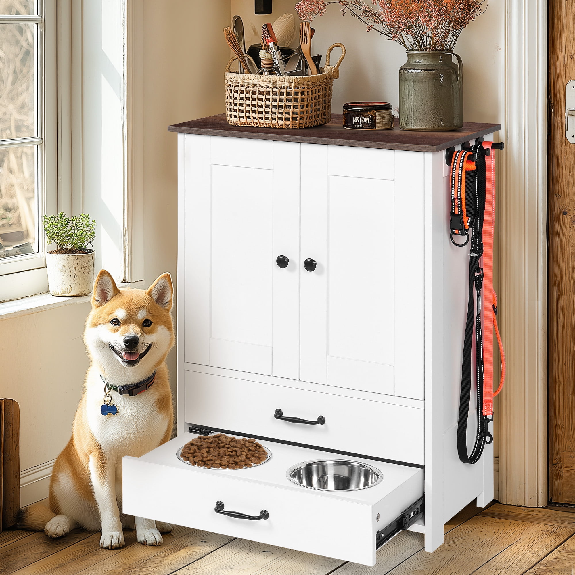 Dog Feeding Station, Double Door Locker With 2 Adjustable Dog Bowls, 3 Hooks On Right Side, White