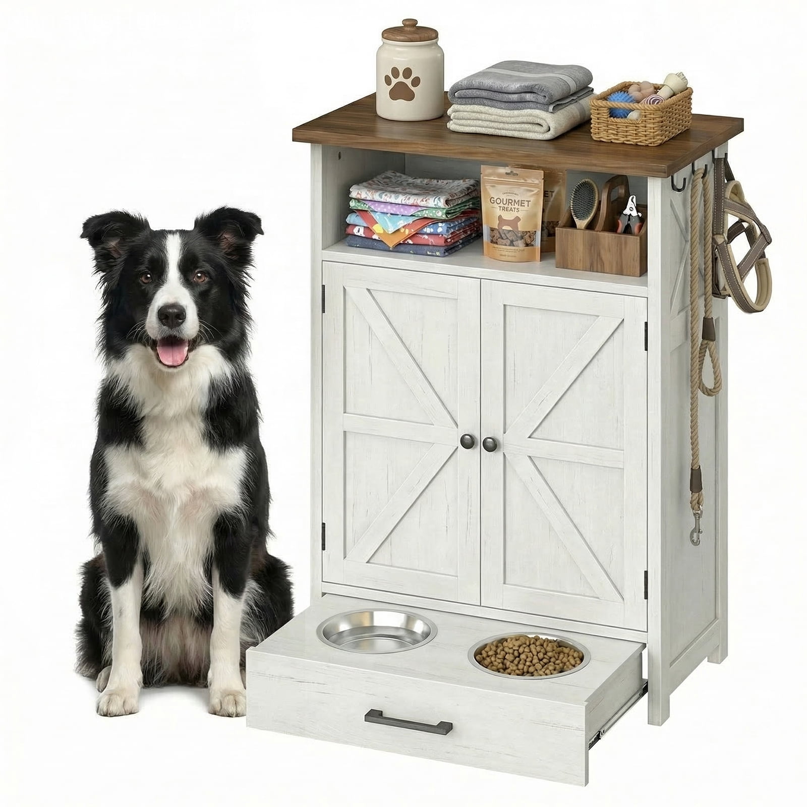 Dog Feeding Station with Storage Cabinet, Pet Feeder Station Cabinet with 3 Side Hooks, Raised 2 Elevated Dog Bowls & Hidden Pull-Out Drawer