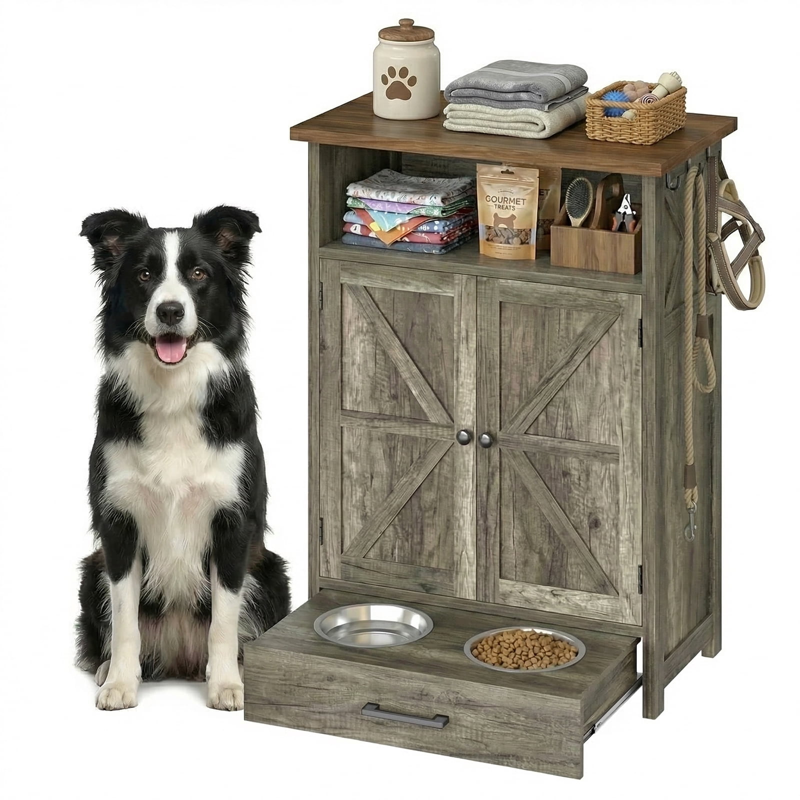Dog Feeding Station with Storage Cabinet, Pet Feeder Station Cabinet with 3 Side Hooks, Raised 2 Elevated Dog Bowls & Hidden Pull-Out Drawer