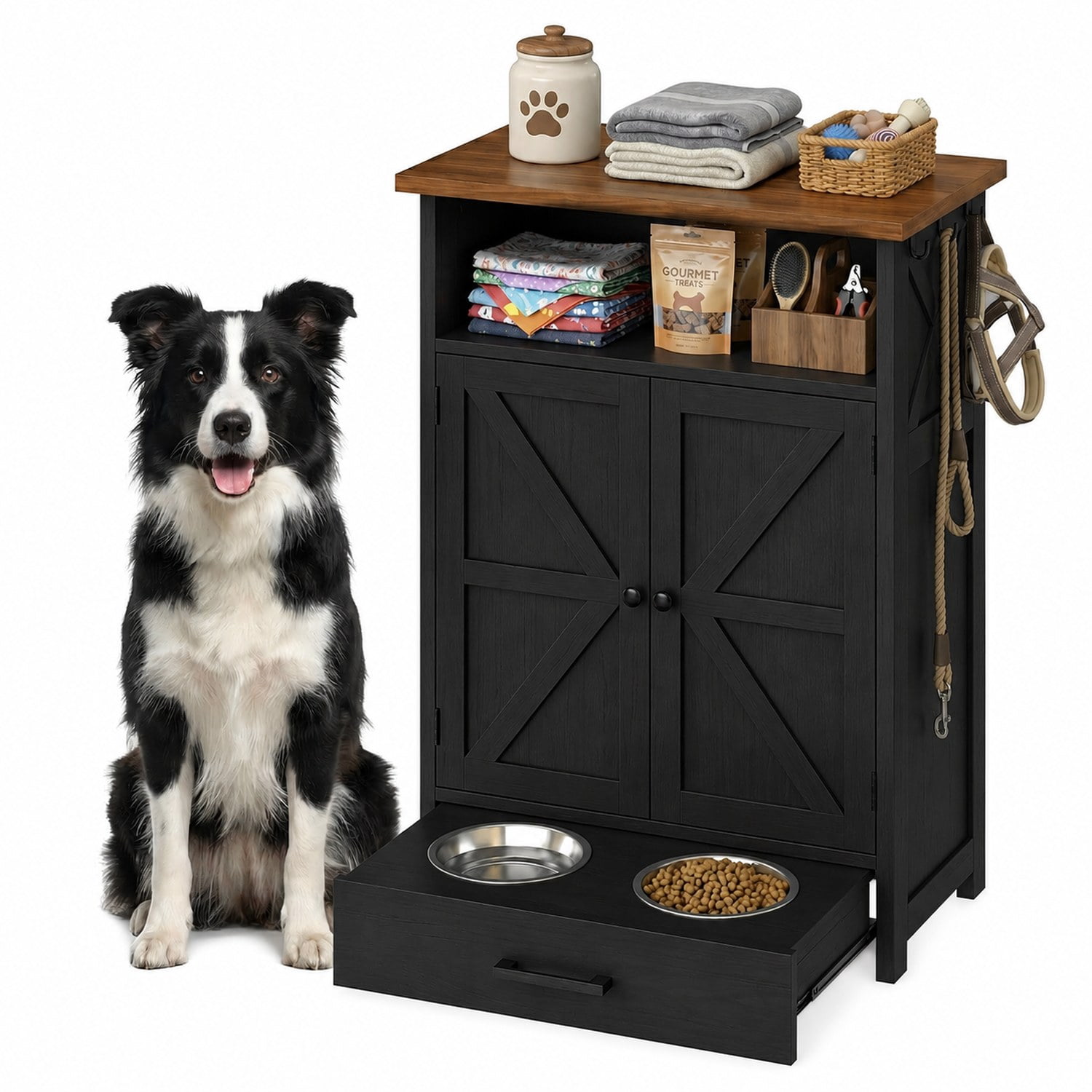 Dog Feeding Station with Storage Cabinet, Pet Feeder Station Cabinet with 3 Side Hooks, Raised 2 Elevated Dog Bowls & Hidden Pull-Out Drawer