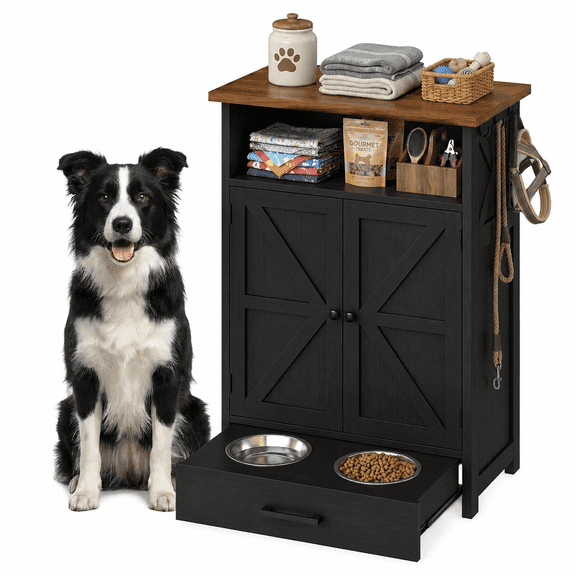 Dog Feeding Station with Storage Cabinet, Raised Elevated Bowls, Side Hooks & Hidden Pull-Out Drawer, Pet Feeder Cabinet