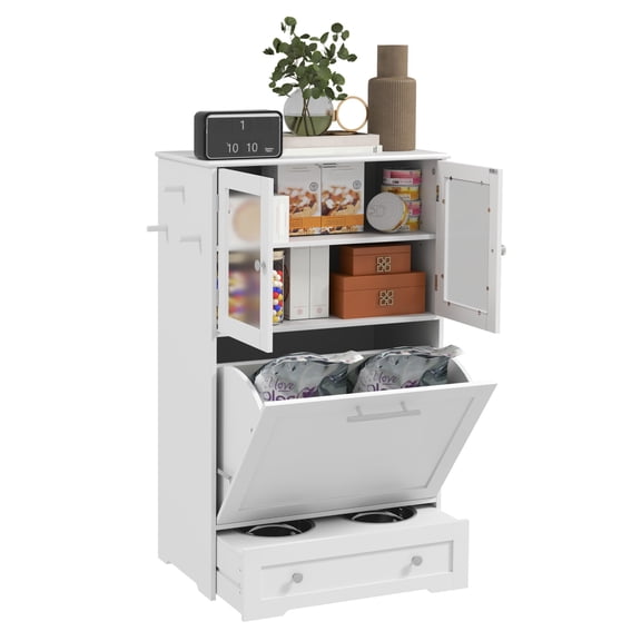 Dog Feeding Station with Storage Cabinets, Elevated Bowls, Hooks - White Wood Pet Feeder for Small to Medium Dogs - Adjustable Height