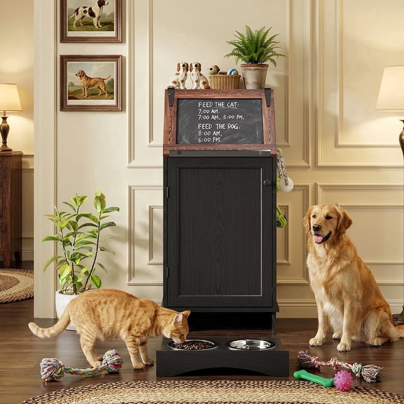 Dog Feeding Station with Storage, Dog Food Cabinet with 2 Feeding Bowls, Flip-Top Pet Storage Cabinet, Pet Food Holder for Dog and Cat