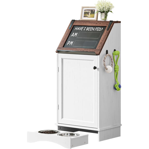 Dog Feeding Station with Storage, Dog Food Cabinet with 2 Hidden Feeding Bowls, Flip-Top Pet Storage Cabinet, Pet Food Holder, White Grain
