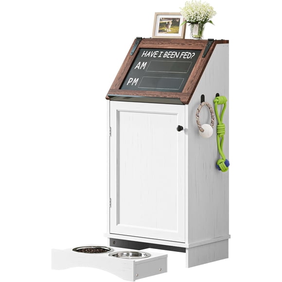 Dog Feeding Station with Storage, Dog Food Cabinet with 2 Hidden Feeding Bowls, Flip-Top Pet Storage Cabinet, Pet Food Holder, White Grain