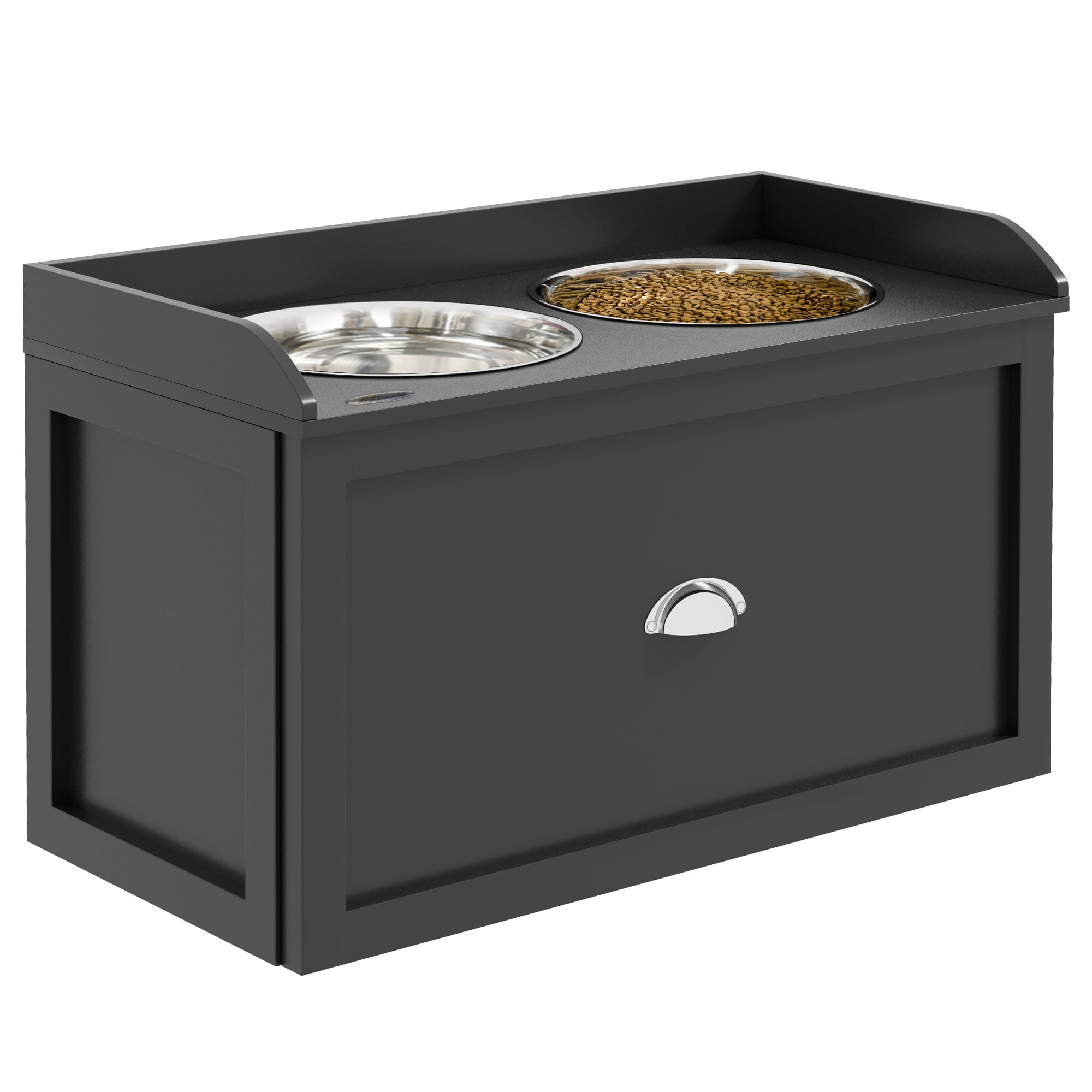 Dog Feeding Station with Storage Drawer, Dog Food Storage Cabinet with 2 Removable Elevated Dog Bowls for Large Sized Dogs, Black