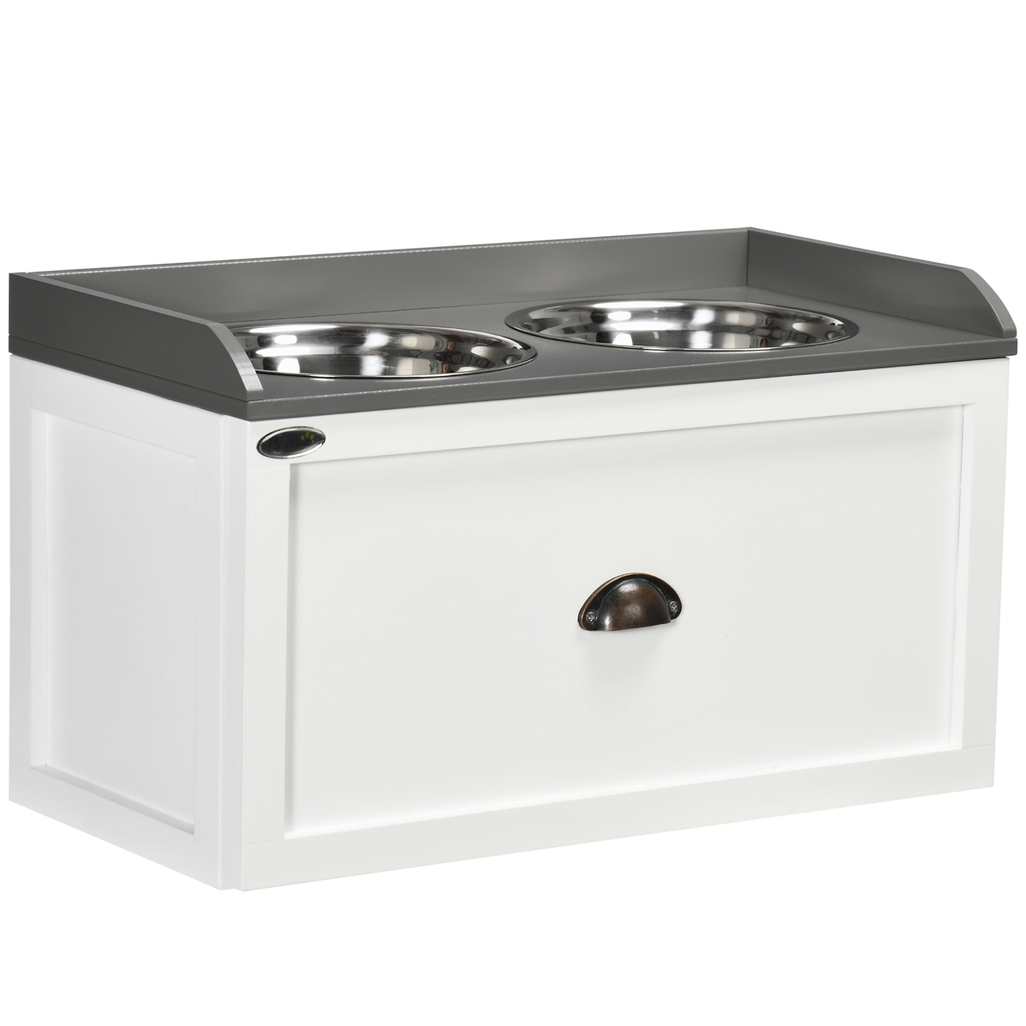 Dog Feeding Station with Storage Drawer Elevated Pet Feeder with 2 Removable Stainless Steel Bowls Dog Food Storage Cabinet for Large Dogs White
