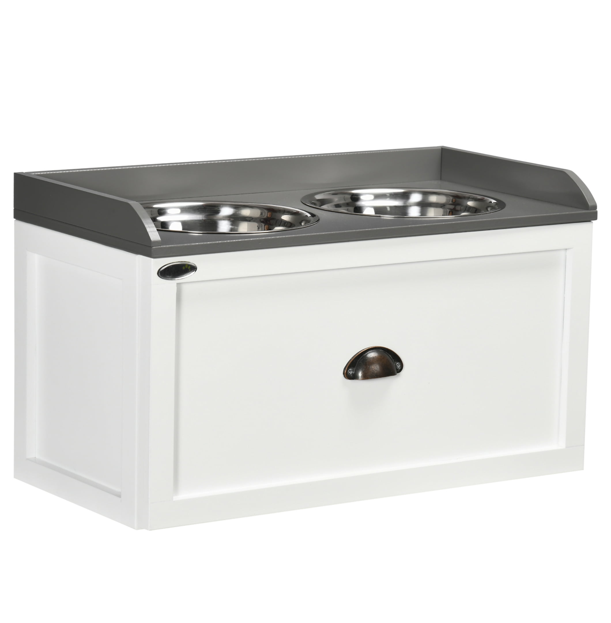 Dog Feeding Station with Storage, Elevated Bowls for Large Dogs - White Pet Feeder with Drawer & Cabinet