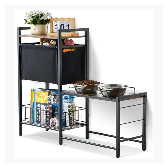 Dog Feeding Station with Storage, Raised Dog Bowls Stand Organizer, Adjustable Height Metal Frame Pet Feeder for Large Dogs, Food & Toy Cabinet