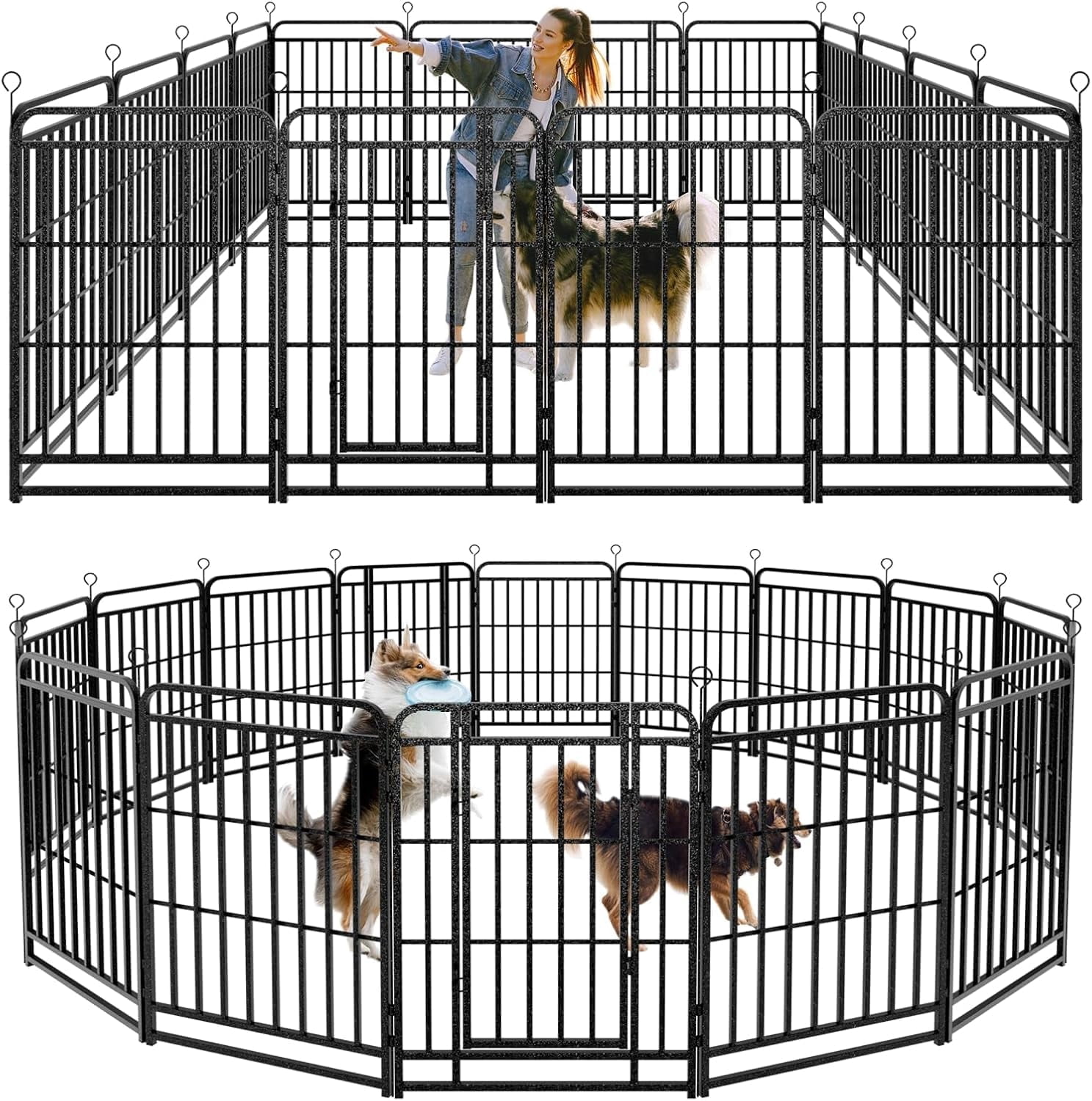 Dog Fence Outdoor 16 Piece Panels 40" Height, Square Steel Pipe with Reinforced Crossbars, Anti-Rust Heavy Duty Dog Playpen with Doors Portable for Yard RV Camping, Total 36FT, 103 Sq.ft, Snowy Black