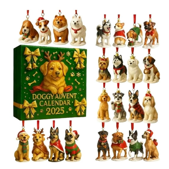 Dog Figurine Advent Calendar 2025 with 24 Unique Resin Dog Ornaments for Holiday Countdown and Festive Home Decor
