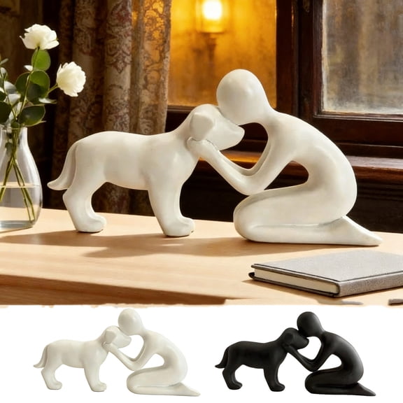 Dog Figurine Resin Statue, 3D Printed Dog and Person Sculpture for Home Decor, Shelf Display, and Gift for Pet Lovers (White)