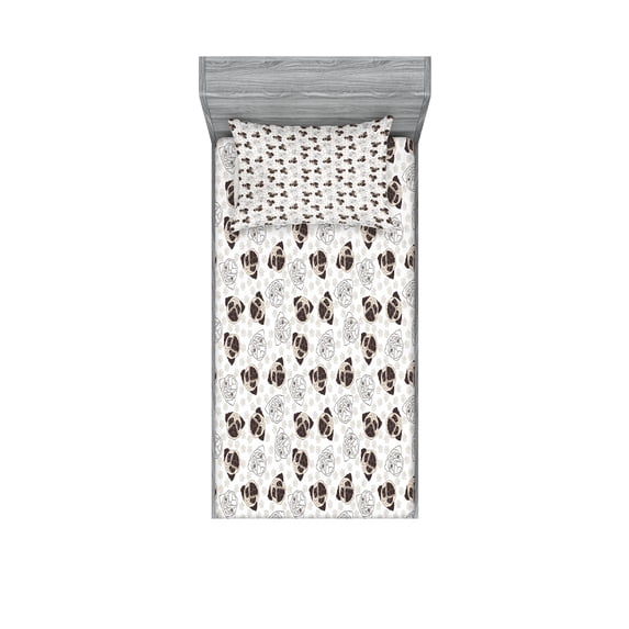 Dog Fitted Sheet & Pillow Sham Set, Pug Portraits Traces Paw Print Background Canine Pet Illustration Mammal Animal, Decorative Printed 4 Piece Bedding Decor Set, Twinxl, Beige Brown Tan, by Ambesonne
