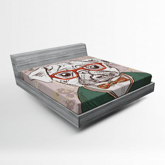 Dog Fitted Sheet, Vintage Illustration of Old Hipster Pug Dog with Red Glasses Bow Master of Professor, Soft Decorative Fabric Bedding, Full Size, Multicolor, by Ambesonne