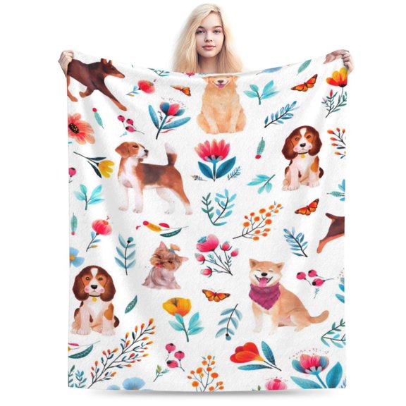 Dog Floral Flower Throw Blanket Gift for Dog Lover Blanket Dogs Themed Flannel Fleece Cozy Fuzzy Plush Throw Blankets for Home 50x40