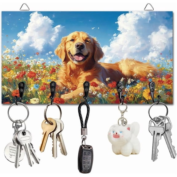 Dog Flower Key Holder Wall Mounted Wooden Keys Racks Storage Organizer Hanger with 5 Key Hooks House Keys Holder for Wall Decorative Door Entryway Hallway Kitchen New Home Gift Colorful