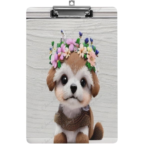 Dog with Flower Wreath Clipboard,Decorative Clipboards A4 Letter Size Fashion Clipboards for Office School Wooden Clip Borad with Low Profile Clip 12.6x8.7 in, Dog Lovers Gift