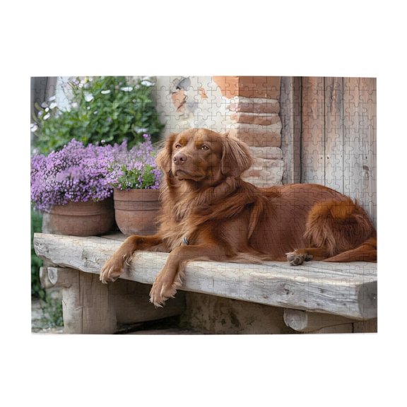 Dog Flowers Bench Exterior Calm 500-Piece Wooden Jigsaw Puzzle for Adults, Fun & Challenging Family Brain-Teaser, Perfect Home Decor & Gift