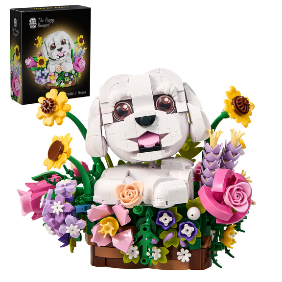Dog Flowers Basket Building Blocks Adorable Dogs Artificial Flowers Bonsai,Creative Plants Animals Decoration Building Toy Gift for Adults Kids