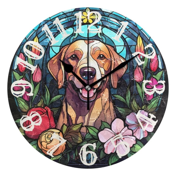 Dog Flowers Church Window 10 inch Wall Clocks Non Ticking Easy to Read Battery Decorative for Home Bathroom Kitchen Bedroom Living Room
