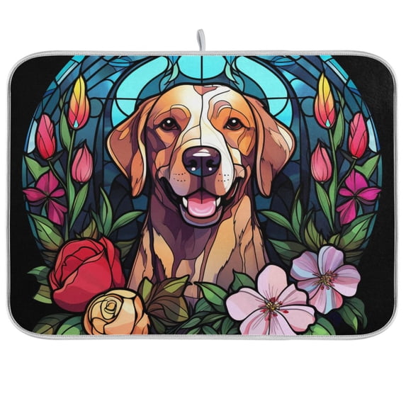 Dog Flowers Church Window Dish Drying Mat Dish Drainer Rack Mats Water Absorbent Non-Slip Easy Clean Heat Resistant for Kitchen Counter