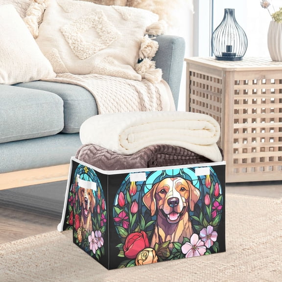 Dog Flowers Church Window Storage Basket Foldable Laundry Basket Shelf Kids Toy Storage Container Organizer with Handles