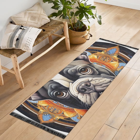 Dog Flowers Circle Runner Rug Machine Washable Area Rugs Carpet Non Slip Entryway Mat for Bedroom Entryway Front Door