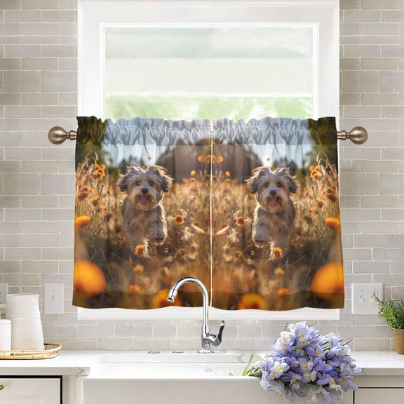 Dog Flowers Trees Grass Kitchen Curtains Half Tier Curtain 2 Rod Pockets Bathroom Bedroom Cupborad Living Room 27"x36"