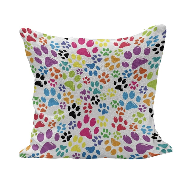 Dog Fluffy Throw Pillow Cushion Cover, Colorful Little Paws Steps Art Cartoon Unusual Traces Design, Decorative Square Accent Pillow Case, 36" x 36", Purple Blue Green, by Ambesonne