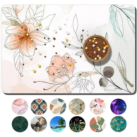Dog Food Mat, 12" x 19" Absorbent Dog Cat Bowl Mat for Food and Water, Cute Anti-Slip Rubber Pet Feeding Rug Protect Floors, Placemat for Feeding & Watering Supplies, Watercolor Flowers