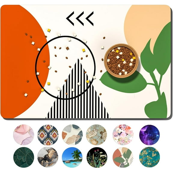 Dog Food Mat, 16" x 24" Absorbent Dog Cat Bowl Mat for Food and Water, Cute Anti-Slip Rubber Pet Feeding Rug Protect Floors, Placemat for Feeding & Watering Supplies, Modern Abstract Art