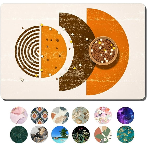 Dog Food Mat, 16" x 24" Absorbent Dog Cat Bowl Mat for Food and Water, Cute Anti-Slip Rubber Pet Feeding Rug Protect Floors Washable Placemat for Feeding & Watering Supplies, Modern Circle Art