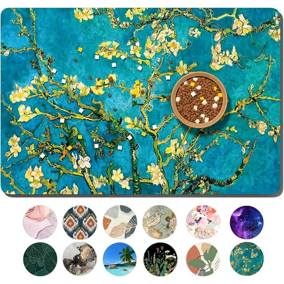 Dog Food Mat, 16" x 24" Flower Absorbent Dog Cat Bowl Mat for Food and Water, Cute Anti-Slip Rubber Pet Feeding Rug Protect Floors, Placemat for Feeding & Watering Supplies, Green