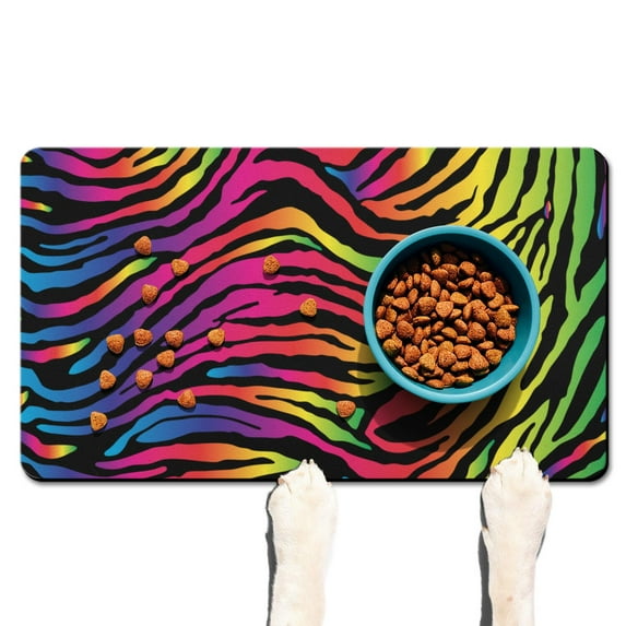 Dog Food Mat 17x30 Inch Pet Feeding Mat with Colorful Zebra Print, Durable Absorbent Non-Slip Mat, Quick Dry, Easy Clean Featuring Rainbow Zebra and Modern Aesthetic Design