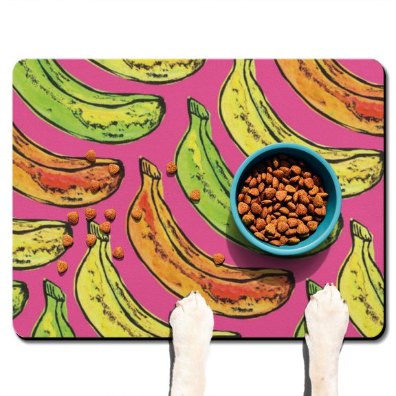 Dog Food Mat 16x24 Inch Pet Feeding Mat with Cute Banana Print, Durable Absorbent Waterproof Non-Slip Mat for Dogs and Cats, Quick Dry, Easy Clean Tropical Yellow Fruit Design