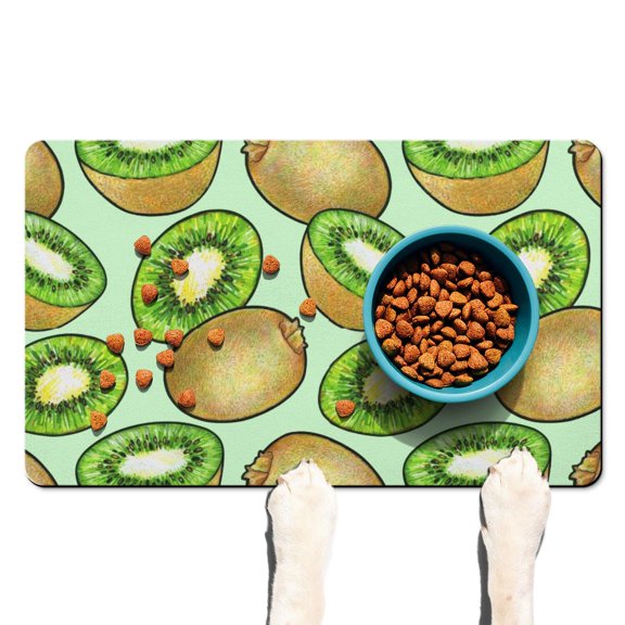 Dog Food Mat 16x24 Inch Pet Feeding Mat with Cute Kiwi Fruit Print, Durable Absorbent Waterproof Non-Slip Mat for Dogs and Cats, Quick Dry, Easy Clean Tropical Green Kiwi Slices Design