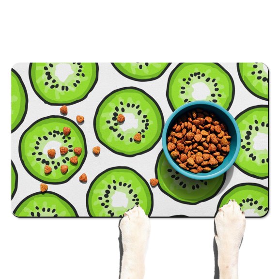 Dog Food Mat 16x24 Inch Pet Feeding Mat with Cute Kiwi Fruit Print, Durable Absorbent Waterproof Non-Slip Mat for Dogs and Cats, Quick Dry, Easy Clean Tropical Green Kiwi Slices Design