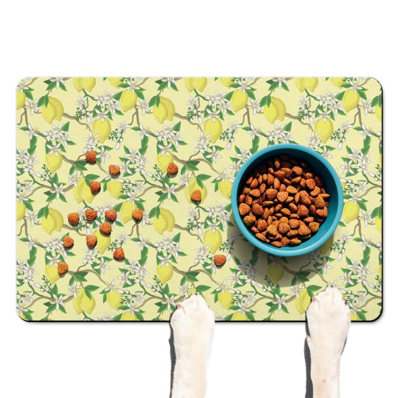 Dog Food Mat 16x24 Inch Pet Feeding Mat with Cute Lemon Print, Durable Absorbent Waterproof Non-Slip Mat for Dogs and Cats, Quick Dry, Easy Clean Fresh Yellow Fruit Design