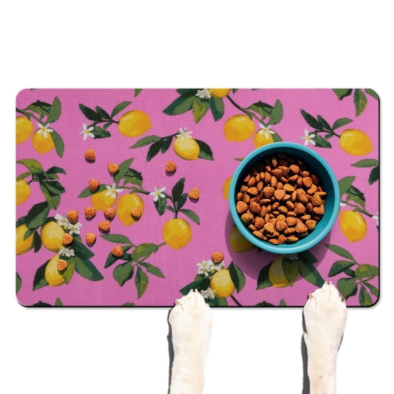 Dog Food Mat 16x24 Inch Pet Feeding Mat with Cute Lemon Print, Durable Absorbent Waterproof Non-Slip Mat for Dogs and Cats, Quick Dry, Easy Clean Fresh Yellow Fruit Design
