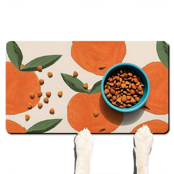 Dog Food Mat 17x30 Inch Pet Feeding Mat with Cute Orange Print, Durable Absorbent Non-Slip Mat for Dogs and Cats, Quick Dry, Easy Clean Fresh Summer Fruit Design