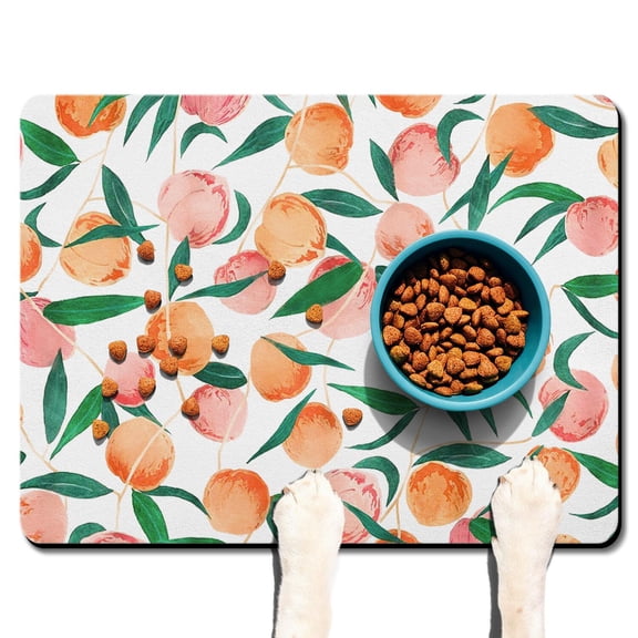Dog Food Mat 16x24 Inch Pet Feeding Mat with Cute Peach Print, Durable Absorbent Waterproof Non-Slip Mat for Dogs and Cats, Quick Dry, Easy Clean Fresh Pink Tropical Fruit Design