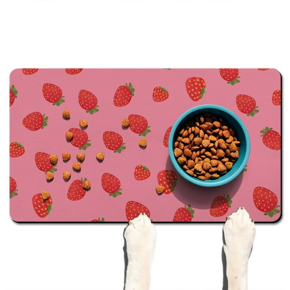 Dog Food Mat 16x24 Inch Pet Feeding Mat with Cute Red Berry Pattern, Waterproof, Absorbent, Non-Slip, Quick Dry, Washable for Dogs and Cats Feeding Bowls