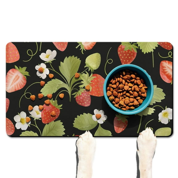 Dog Food Mat 16x24 Inch Pet Feeding Mat with Cute Red Berry Pattern, Waterproof, Absorbent, Non-Slip, Quick Dry, Washable for Dogs and Cats Feeding Bowls