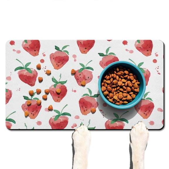 Dog Food Mat 16x24 Inch Pet Feeding Mat with Cute Red Berry Pattern, Waterproof, Absorbent, Non-Slip, Quick Dry, Washable for Dogs and Cats Feeding Bowls