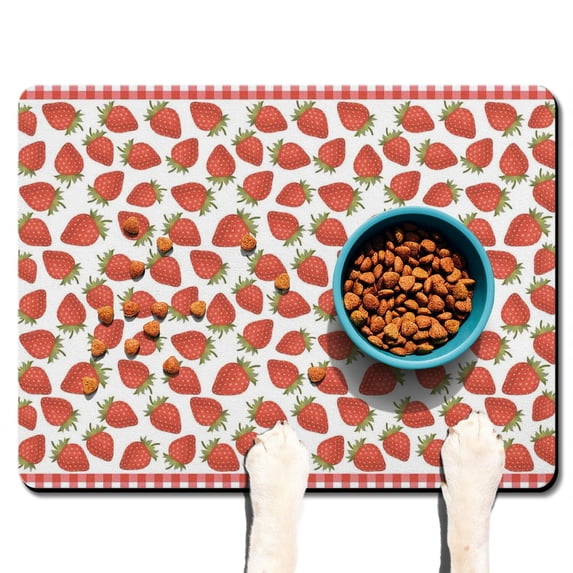 Dog Food Mat 16x24 Inch Pet Feeding Mat with Cute Red Berry Pattern, Waterproof, Absorbent, Non-Slip, Quick Dry, Washable for Dogs and Cats Feeding Bowls