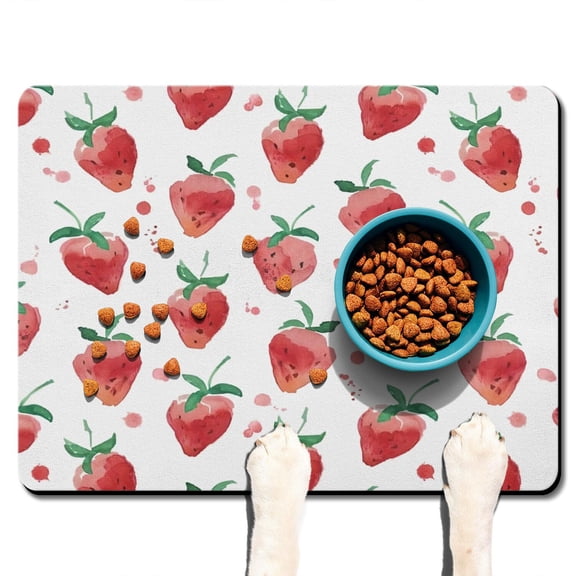 Dog Food Mat 16x24 Inch Pet Feeding Mat with Cute Red Berry Pattern, Waterproof, Absorbent, Non-Slip, Quick Dry, Washable for Dogs and Cats Feeding Bowls