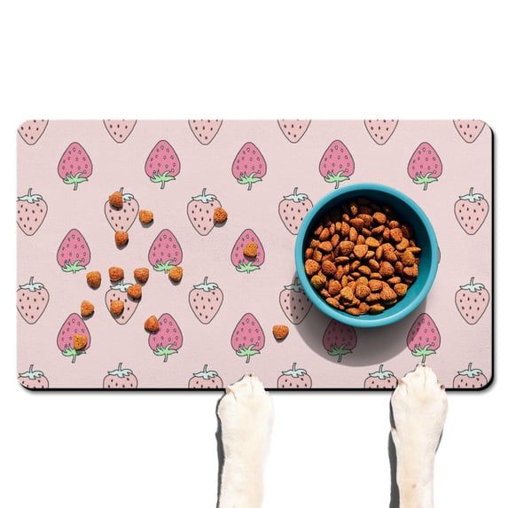 Dog Food Mat 16x24 Inch Pet Feeding Mat with Cute Strawberry Print, Durable Absorbent Waterproof Non-Slip Mat for Dogs and Cats, Quick Dry, Easy Clean Fresh Summer Berry Design