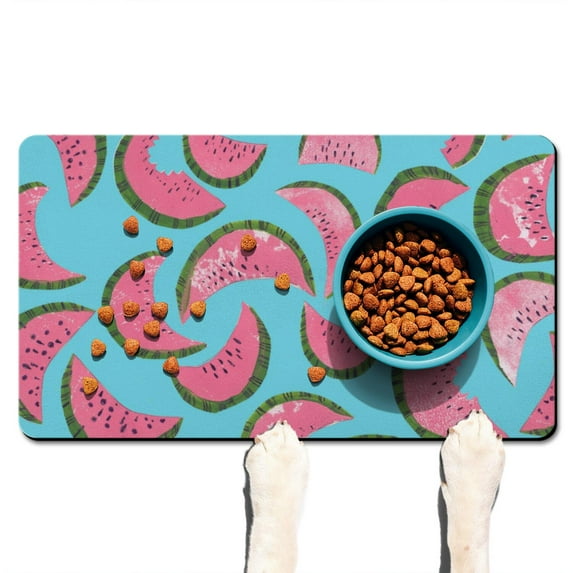 Dog Food Mat 17x30 Inch Pet Feeding Mat with Cute Watermelon Print, Durable Absorbent Non-Slip Mat for Dogs and Cats, Quick Dry, Easy Clean Tropical Summer Fruit Design